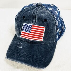USA Flag Patch Distressed Trucker Hat Cap Adjustable Strapback Blue Outdoors